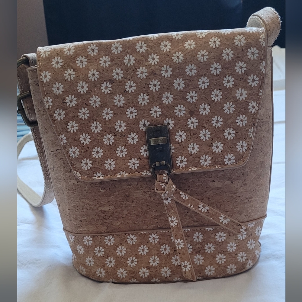 Portugal Cork Tan Bag With White Floral Design